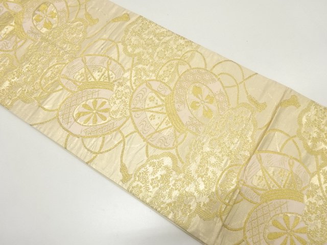 鼓に雲・草葉模様織り出し　袋帯